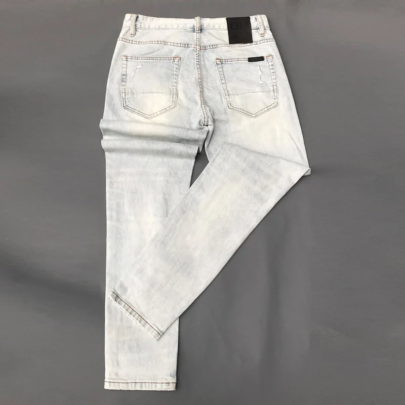 Street Fashion Men Jeans Retro Light Blue Stretch Slim Fit Hip Hop Ripped Jeans Men Patched Designer Vintage Denim Pants Hombre