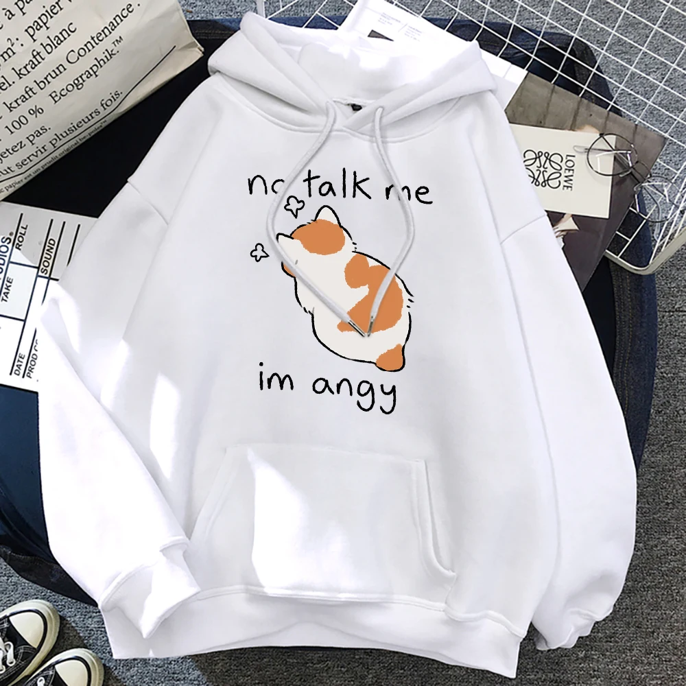 Cute Angry Cat Print Women Hoody Hip Hop Soft Sweatshirt Casual Fleece Sweatshirt Oversize Fleece No Talk Me Women Streetwear
