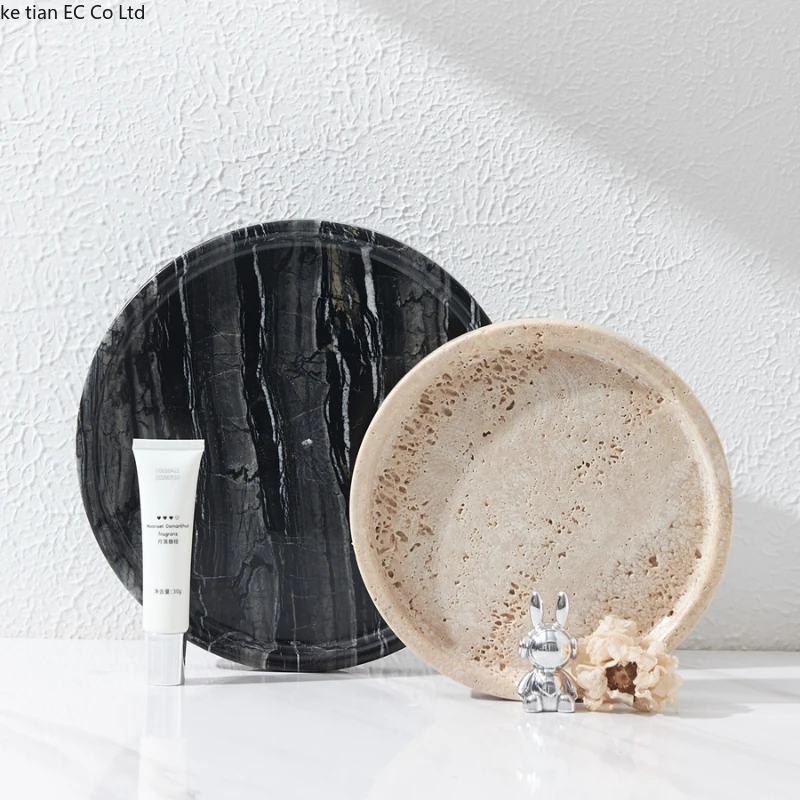 Ancient style natural cave stone decoration tray European style marble plate Round storage tray Dessert plate trays decorative 2