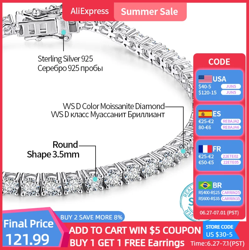 ATTAGEMS 4.0mm 5.0mm D Color Pass Diamond Tester GRC Round Cut White Gold Plated 925 Silver Moissanite Tennis Bracelet for Women 