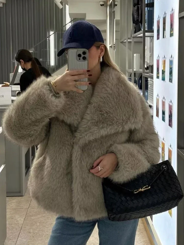 TRAF Faux Fur Coat Plush Fluffy Women's Jacket 2024 Woman Autumn Winter New in Outerwears White Red Gray Black Wool Blends Coats 5