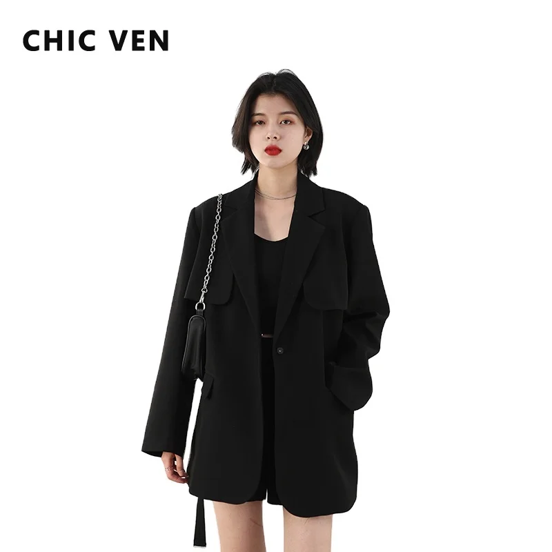 chic-ven-women-blazer-black-solid-belt-manica-lunga-casual-soprabito-donna-top-office-lady-abbigliamento-donna-primavera-autunno-2023