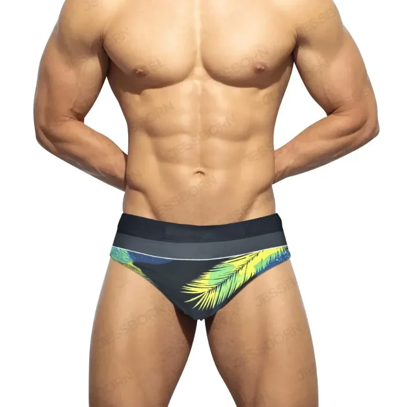 Summer Men Swimsuit Trend Leaf Print Swimming Trunks Mens Breathable Bathing Swimwear Man Push-Up Pad Surf Beach Shorts