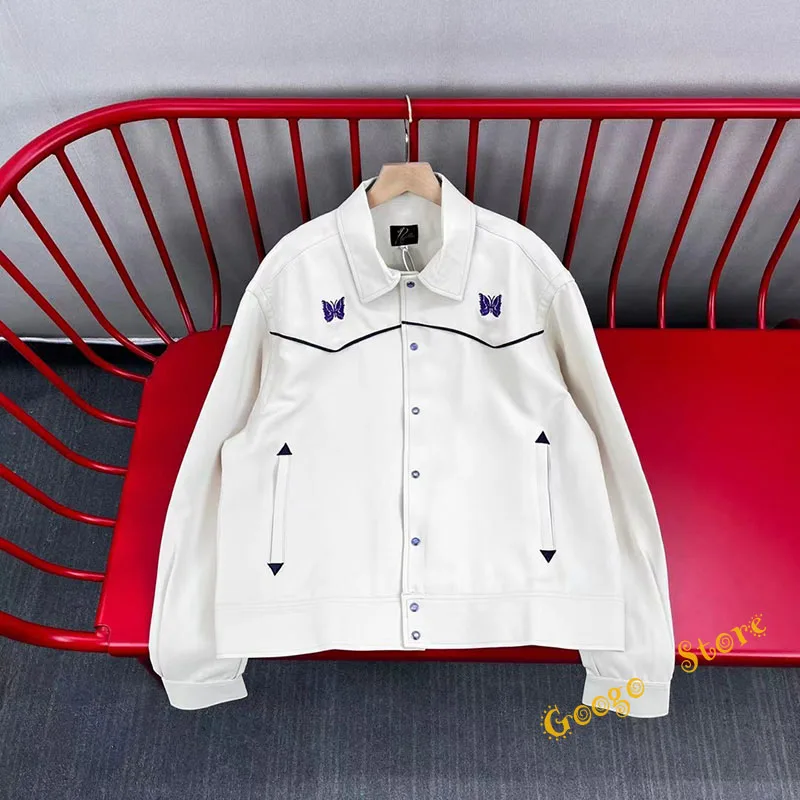 

Autumn Winter Purple Stripe Butterfly Embroidery AWGE NEEDLES Button Coat Men Women High Quality Beige Needles Jacket With Tags