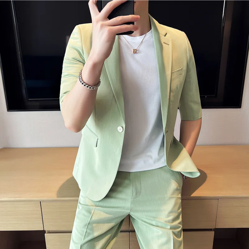Men Summer Short Sleeve Blazer 2-piece Suit