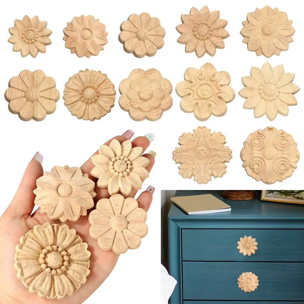 Natural Floral Carved Wooden Decorative Figurine Craft Frame and Corner Applique