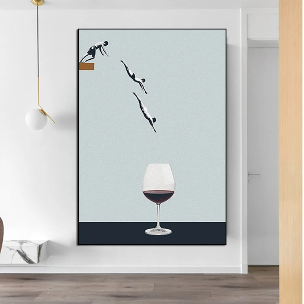 

Swim Wine Glass Funny Art Painting Abstract Nordic Style Poster And Print Wall Art Picture Living Room Home Decoration Cuadros