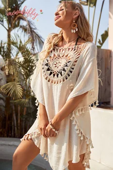 Women Off Shoulder Loose Beach Smock Casual Holiday Sexy Style Cut Out Tassel Beach Smock Women Summer Beach Smock 1