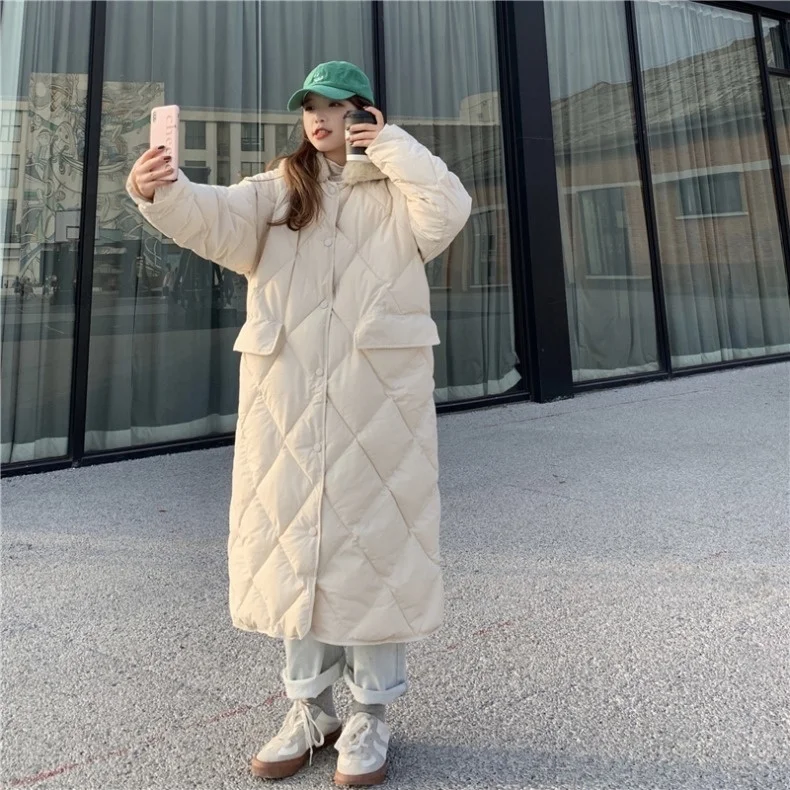 Down Parka Diamond Lattice Long Knee Down Cotton Padded Jacket Female Korean Loose Student Winter Jacket Cotton Padded Jacket ladies parka coats