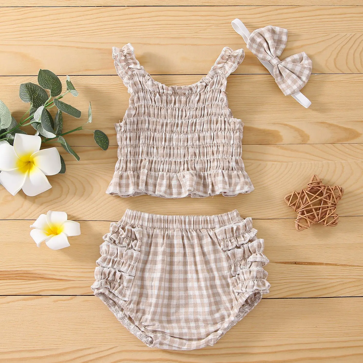 

Baby Girl Summer Clothes Set Plaid Pattern Smocking Top + Bloomers + Headband 3pcs Outfits Suit