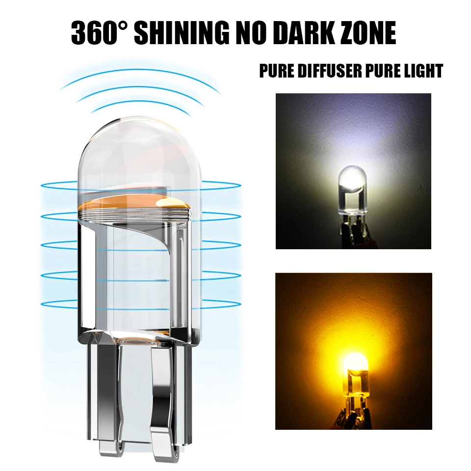 10x Bright White COB Glass Car Light Bulbs - 6000K LED License Plate & Dome Lights