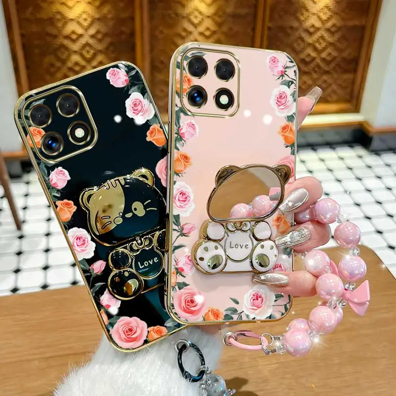 Elegant Gradation Rose Leaf Phone Case Set with Lanyard and Stand