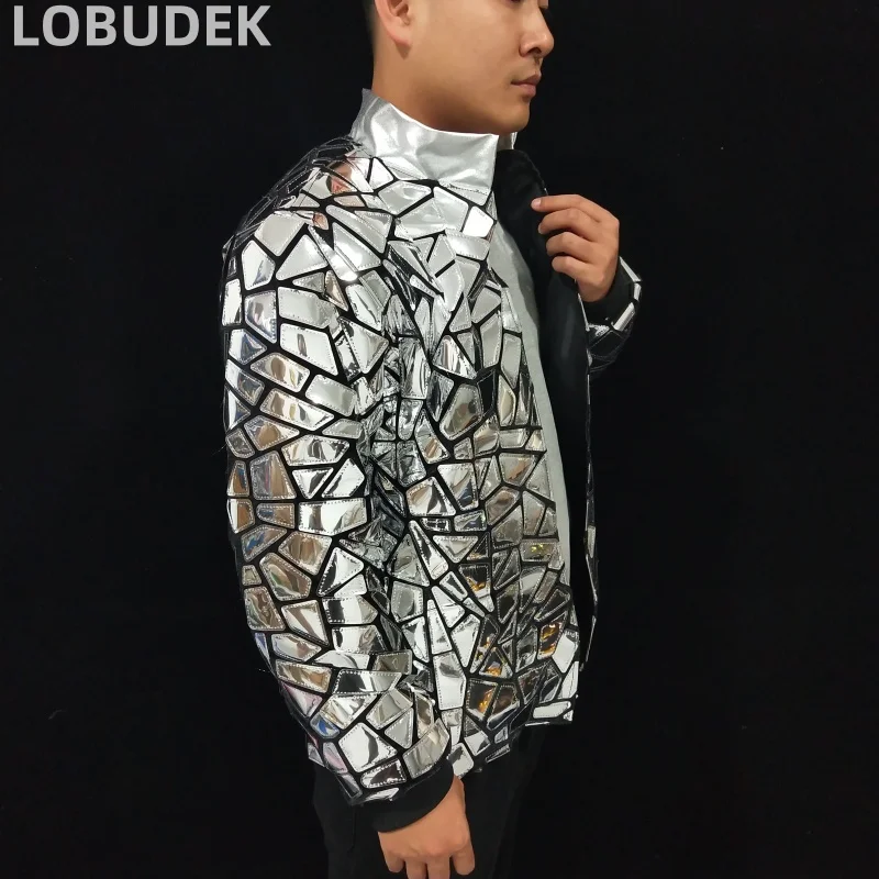 Silver Mirror Jacket Casual Sequins Coat Male Singer Star