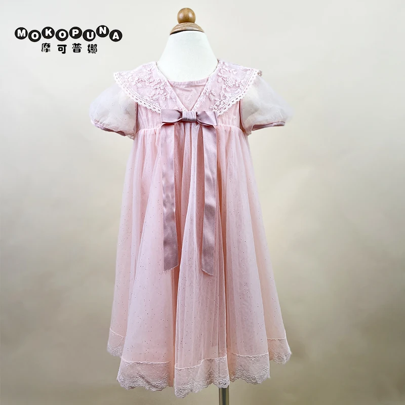 

MOKOPUNA Pink Mesh Dress for Girls Puff Sleeves Navy Neck Embroidery Design Dresses Party Birthday Bow Kids Clothing Girls