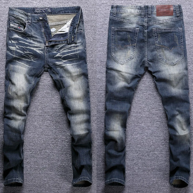 Newly Designer Fashion Men Jeans Retro Blue Elastic Slim Fit Ripped Jeans Men Trousers Vintage Casual Cotton Denim Pants Hombre european vintage fashion men jeans distressed wash elastic cotton slim fit ripped jeans men retro designer casual denim pants