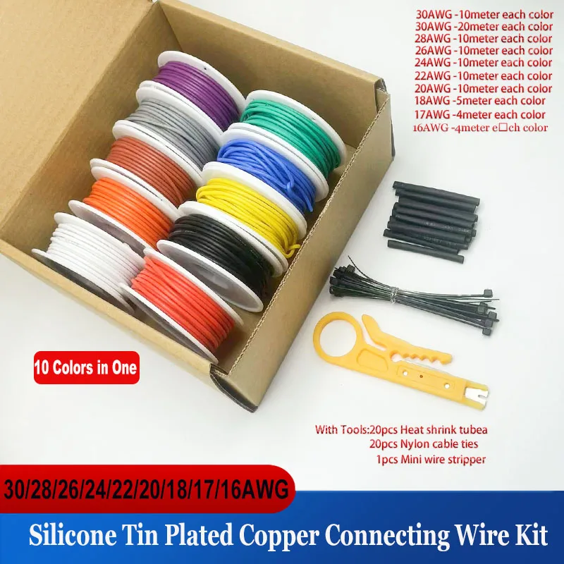 Silicone Insulated Multi-Colored Wire Kit with Tools - Multi-Strand Tinned Copper