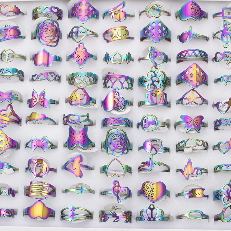 50 Pcs/Lot Fashion Hollow Out Stainless Steel Rings For Women Men Mix Style Flower Heart Crown Jewelry Party Gifts 2