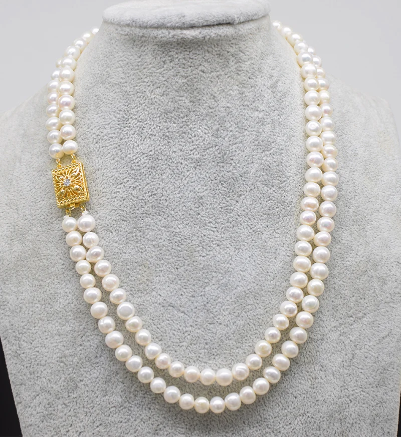 

2/3rows freshwater pearl white near round 7-8mm necklace 19-20inch wholesale beads nature