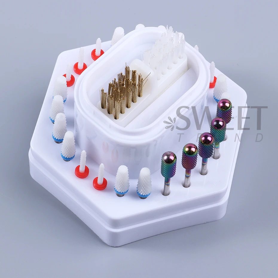 24-Holes Nail Drill Bits Storage Box with Cleanning Brush Grinding Head Holder Display Stand Organizer Manicure Accessories Tool