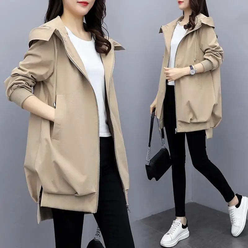 

Women's Spring And Autumn Jacket Korean Style Khaki Loose Relaxed Hooded Windbreaker Mid Length Black Fashion Coat For Women Top