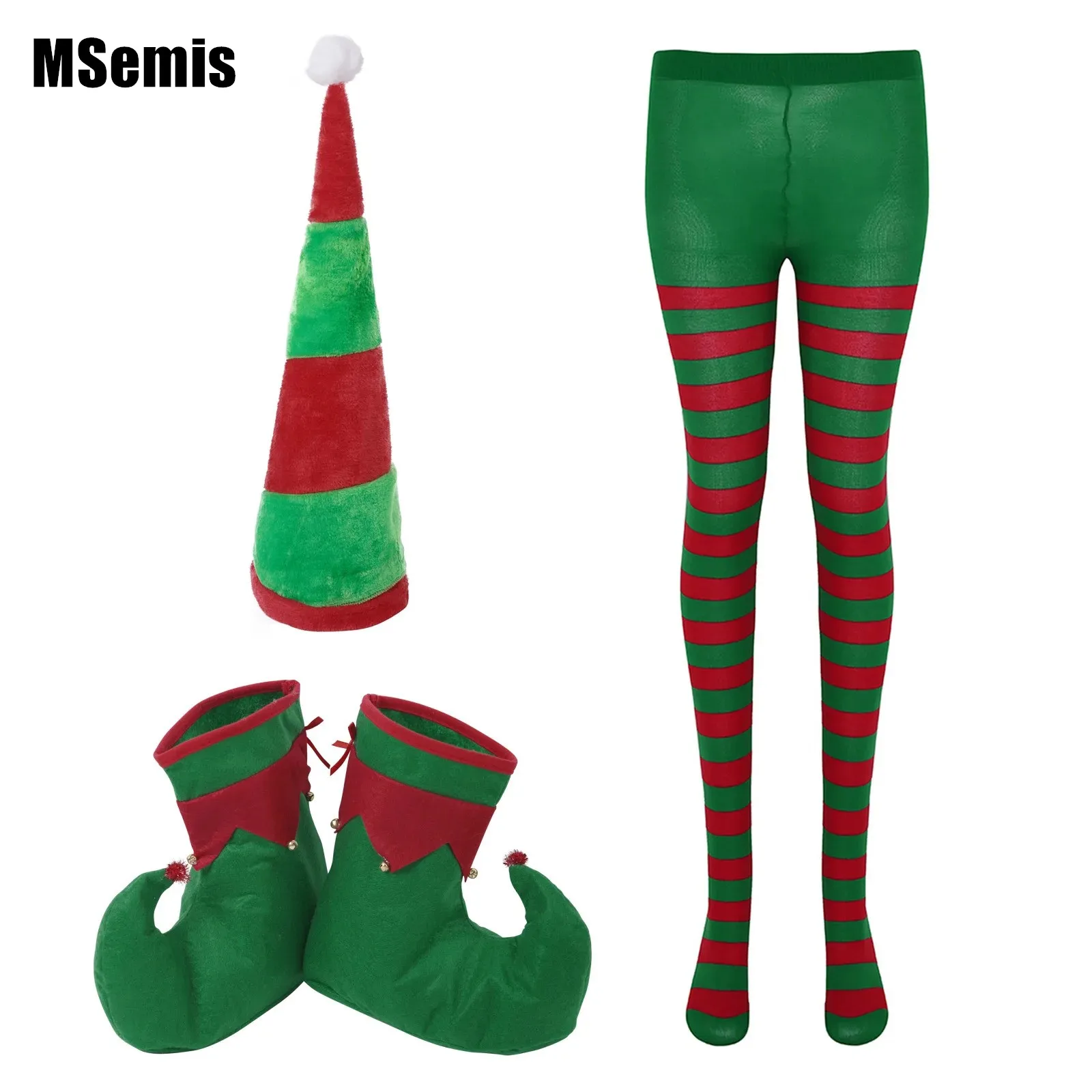 

Funny Elf Santa Claus Costume Halloween Christmas Cosplay Costume Plush Elf Hat+Big Shoes+Tights Pantyhose Set for Performance