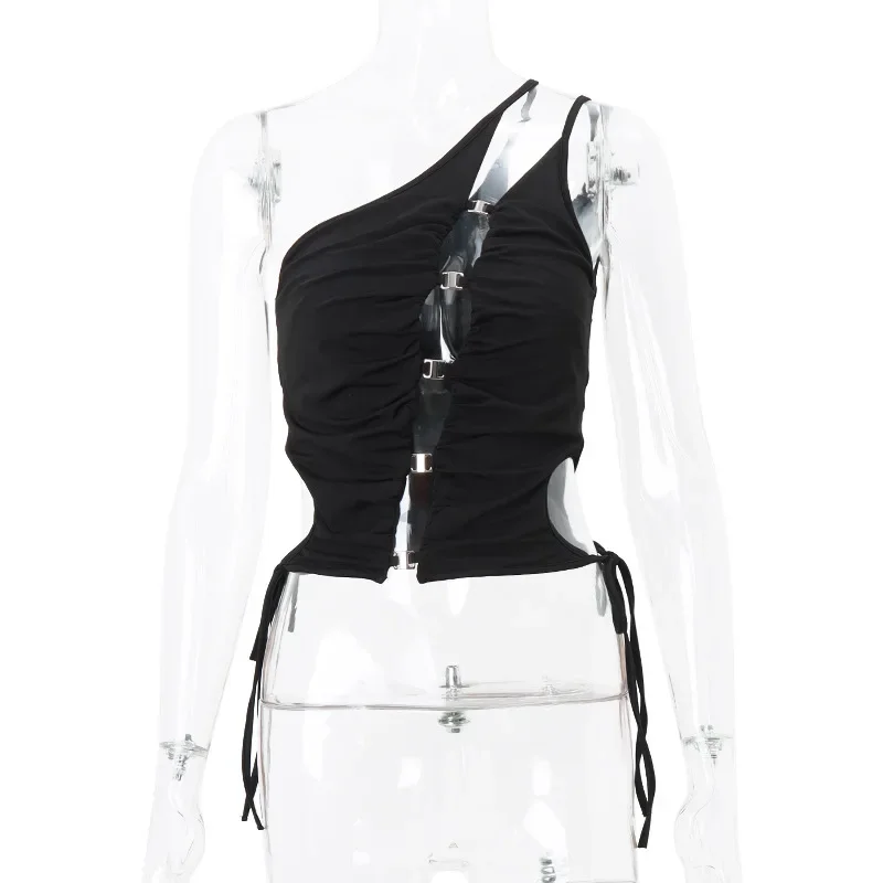 Fashion Asymmetrical Solid Color Y2k Top Casual Slim Hang Neck Sleeveless Tank Top Women Cutout Slant Shoulder Women Clothing