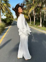 Bornladies Cotton Casual Pants Sets Women's Solid Color Cozy Lapel Long Sleeve Shirt Summer Outfit Elastic Waist Pants Suits - Image 2