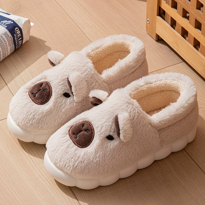Lovely Capybara Winter Slippers for Women Cartoon Cozy Faux Fur Cotton Living Room Shoes Thick Sole Slip On Cotton Shoes Woman
