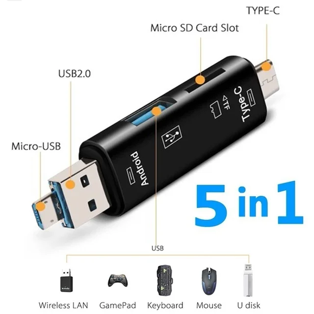 5 in 1 다기능 Usb 2.0 c형/Usb/마이크로 Usb/Tf/SD 메모리 카드 리더기: 다양한 기기에 파일을 이전하는 편리한 솔루션