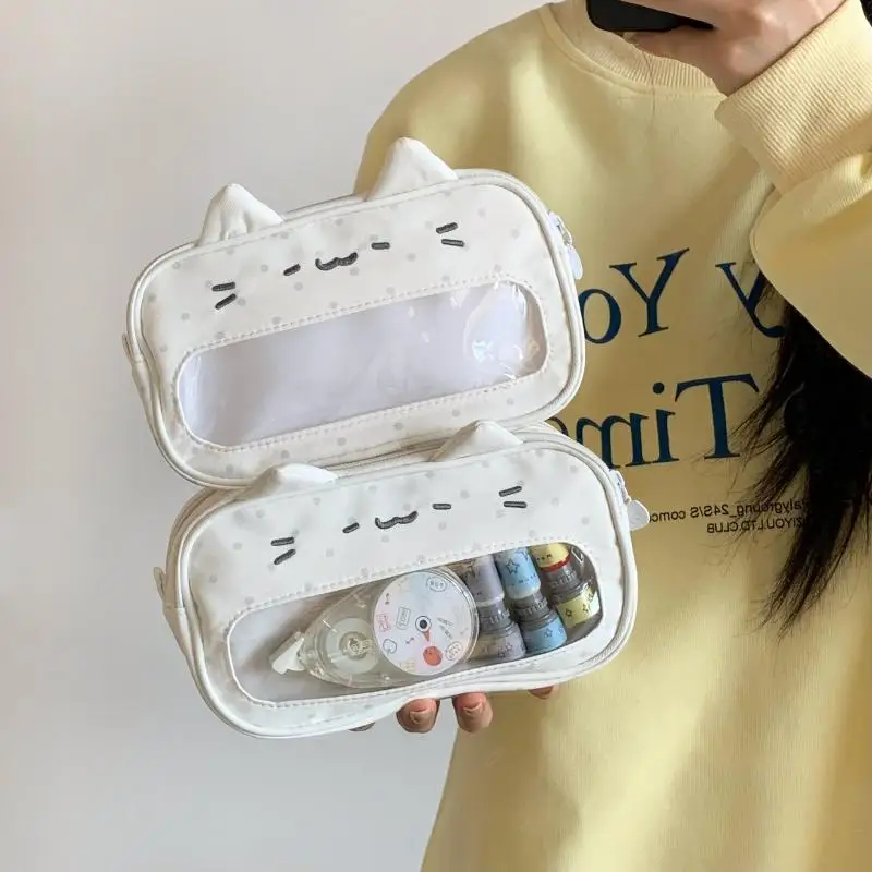 고양이 애호가를 위한 투명창이 있는 휴대용 필통 귀여운 웨이브 포인트 디자인