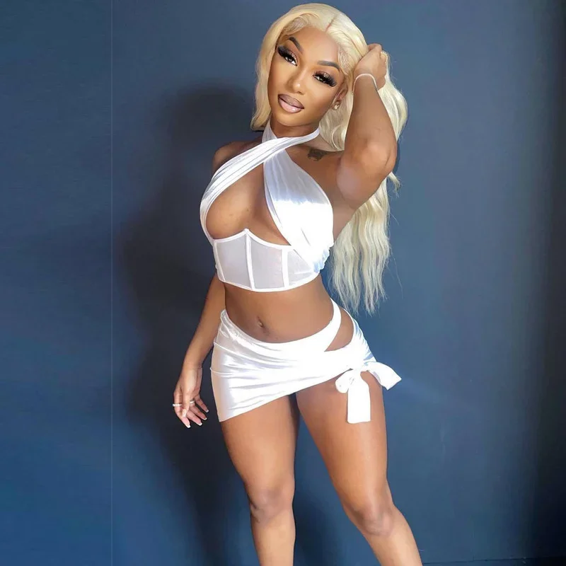 

WUHE Sexy Club Party 2 Piece Dress Sets 2024 Rave Clothes Two Piece Set Women Satin Crost Top and Mini Skirts Suit