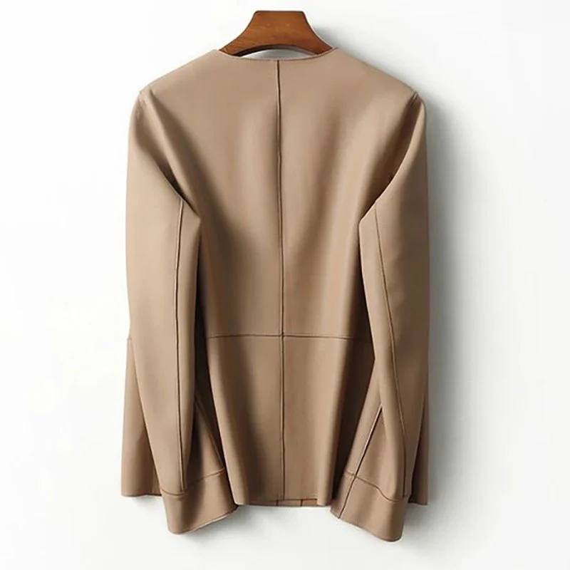 Womens Genuine Leather Jacket Spring Autumn Long Sleeve Elegant Soft Real Sheepskin Leather Coat Office Lady Solid Color Outwear