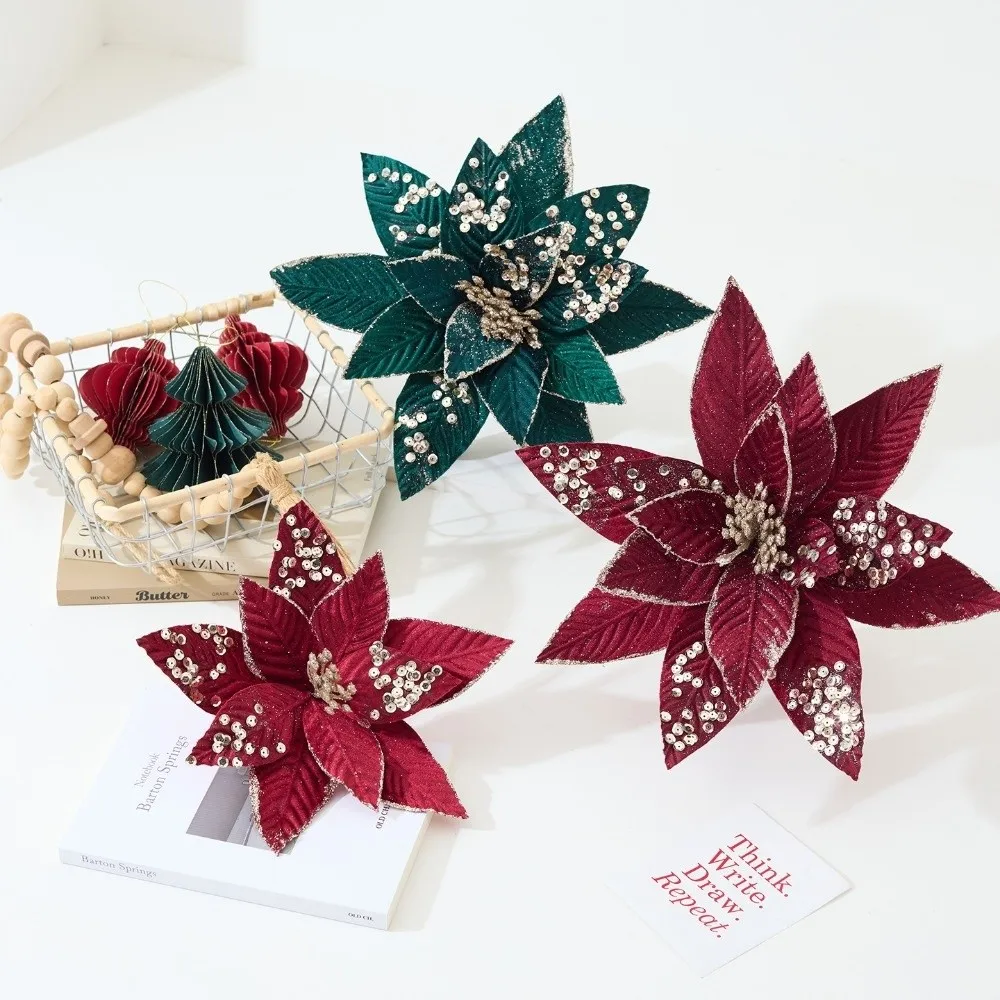 Artificial Poinsettia Flower Glitter Sequins Christmas Decoration