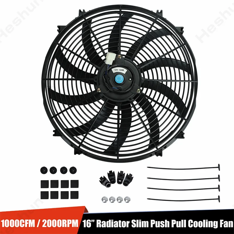 16" Inch 12V 120W Universal Condensing Fan Slim Push Pull Electric Radiator Cooling Fan Mount Kit 2000RPM