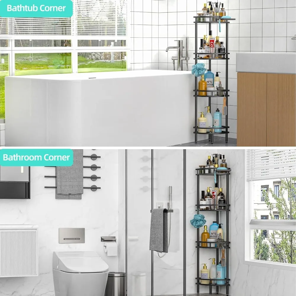 Standing Shower Caddy-4 Tier Stand with Soap Dish, 4 Hooks, Adjustable Feet for Corner-Black 5