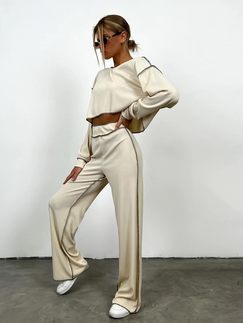 

2023 Fall Casual Women Suits Sexy Crop Top High Waist Wide Leg 2 Piece Pants Sets Femme Clothes Long Sleeve O-Neck Tracksuits