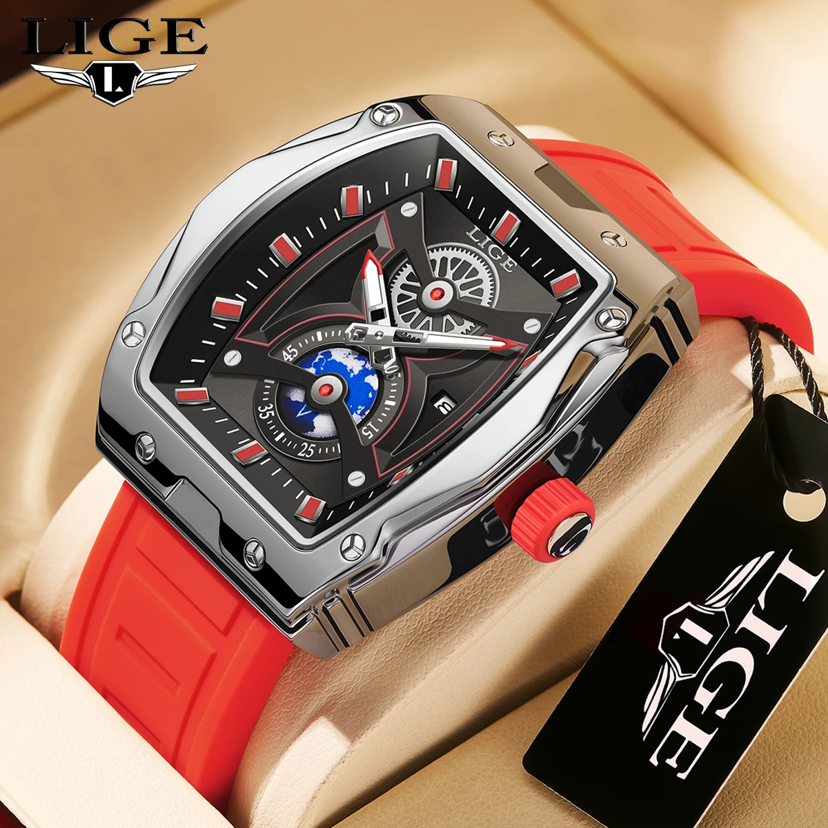 Man Watch LIGE Square Luxury Fashion Quartz Watch for Men Waterproof Silicone Strap Date Chronograph  Casual Sports Reloj Hombre