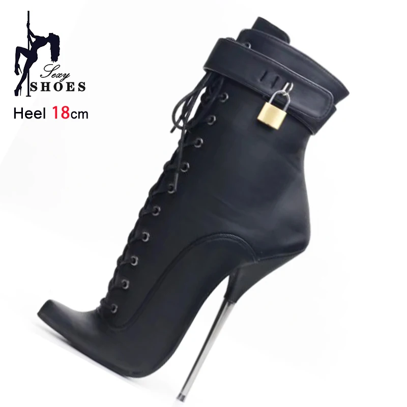 Black Ankle Boots 2025 New Super High Metal Fine Heel 18CM Pointed Lockable Short Boots Women Plus Size 44 45 46 Fetish Shoes
