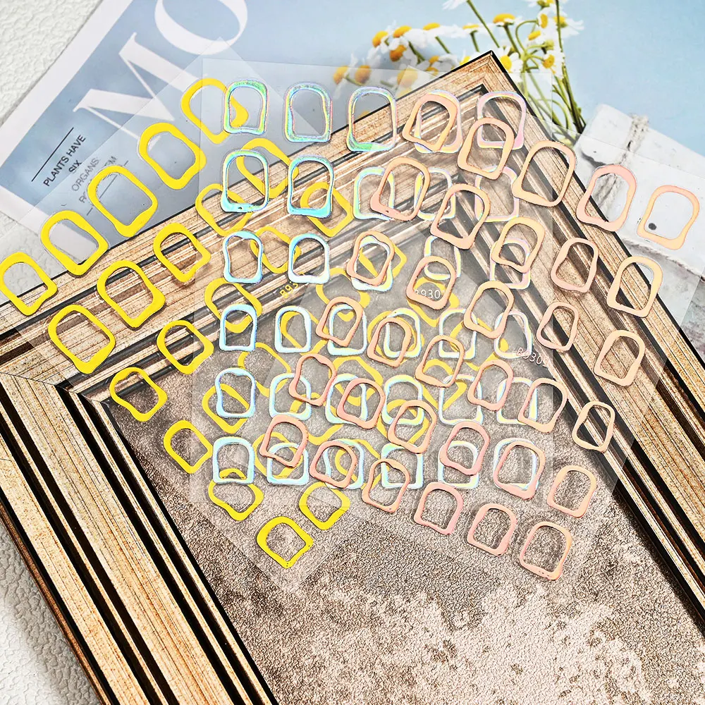Description Picture 4 of item1Pc 3D Gold Hollow Irregular Geometric Nail Stickers Holo Metal Frame Gold/Silver Decals Square Self Adhesive Sliders Nail Deco