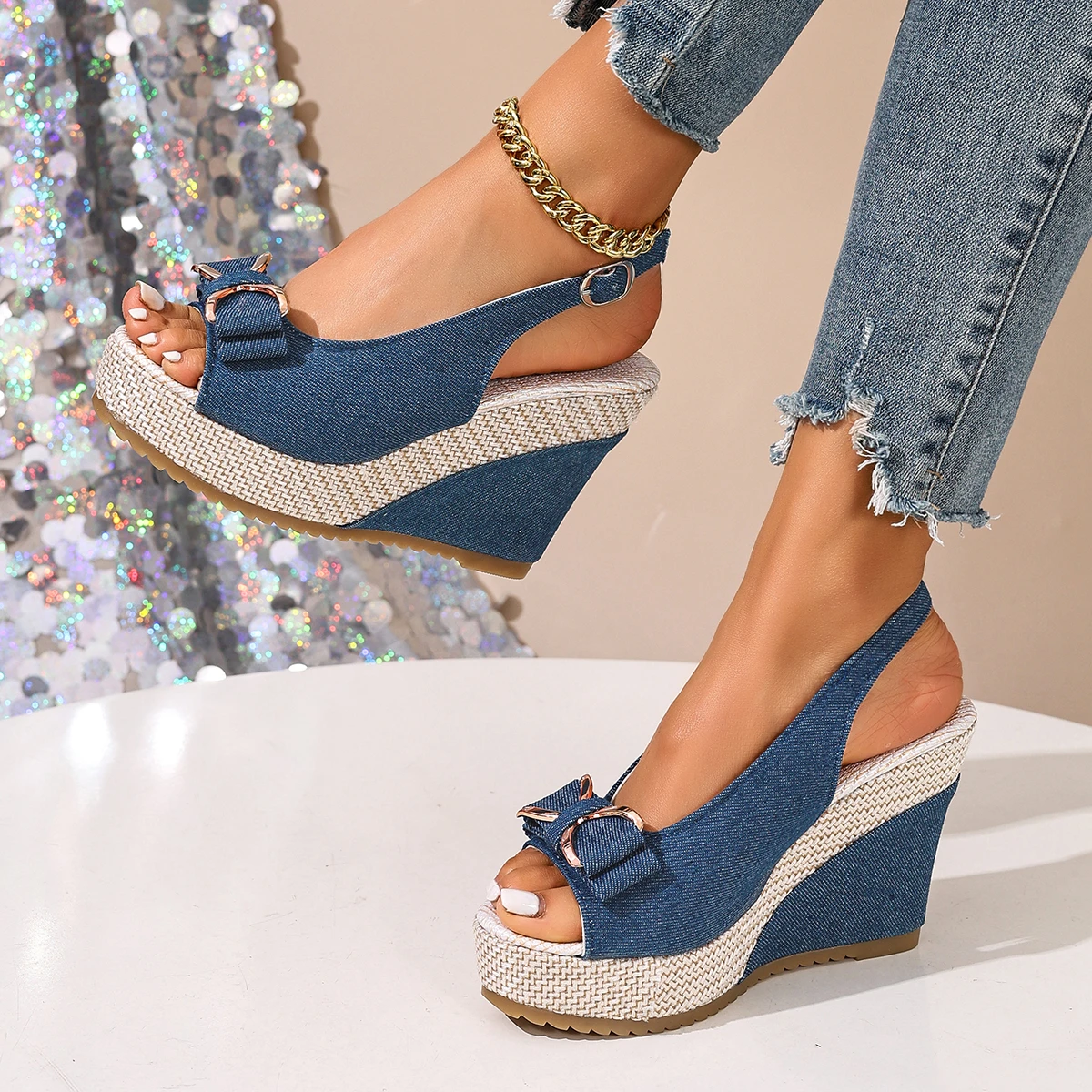 Comfortable Retro Women's Leather Wedge Platform Sandals Black_voghion.com