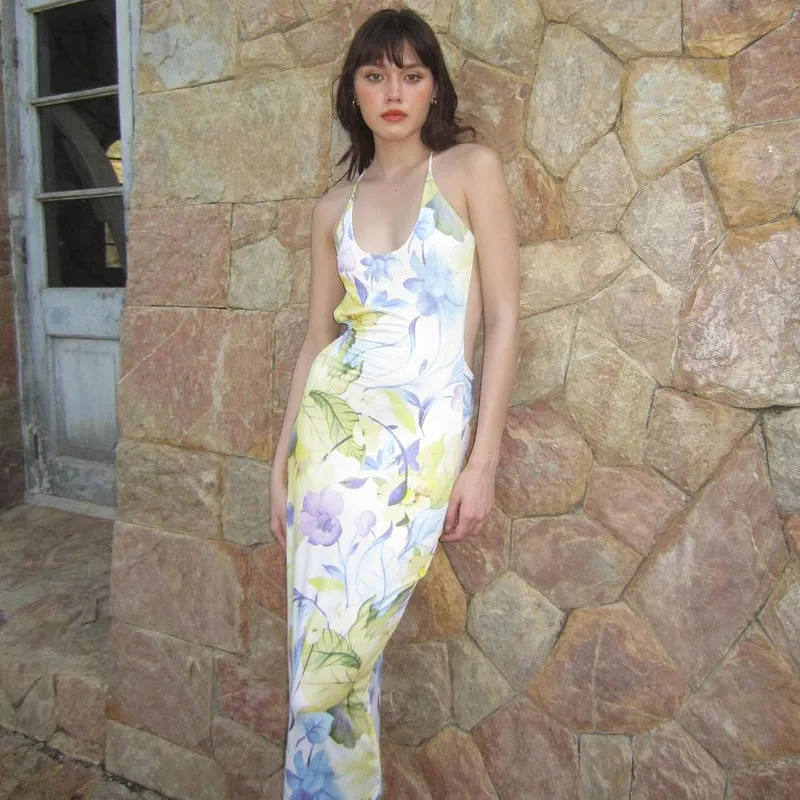 Vestido de moda con espalda descubierta y estampado para mujer, estilo vendaje, ajustado, elegante, de fiesta, con cordones, sexy, largo, para verano 2025