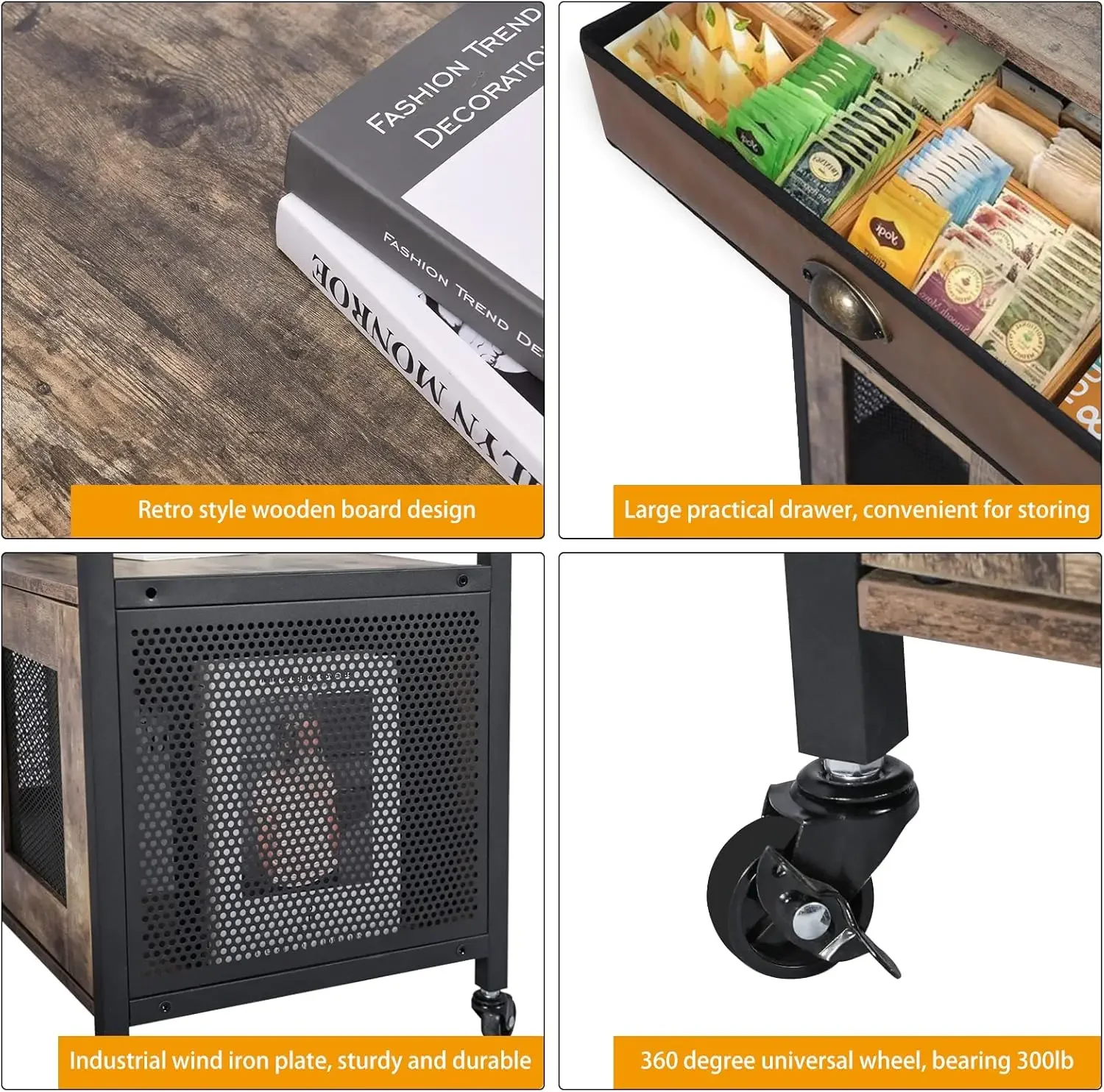 3 Tiers Kitchen Coffee Cart with Drawer for The Home, Movable Farmhouse Coffee Station Table on Wheels