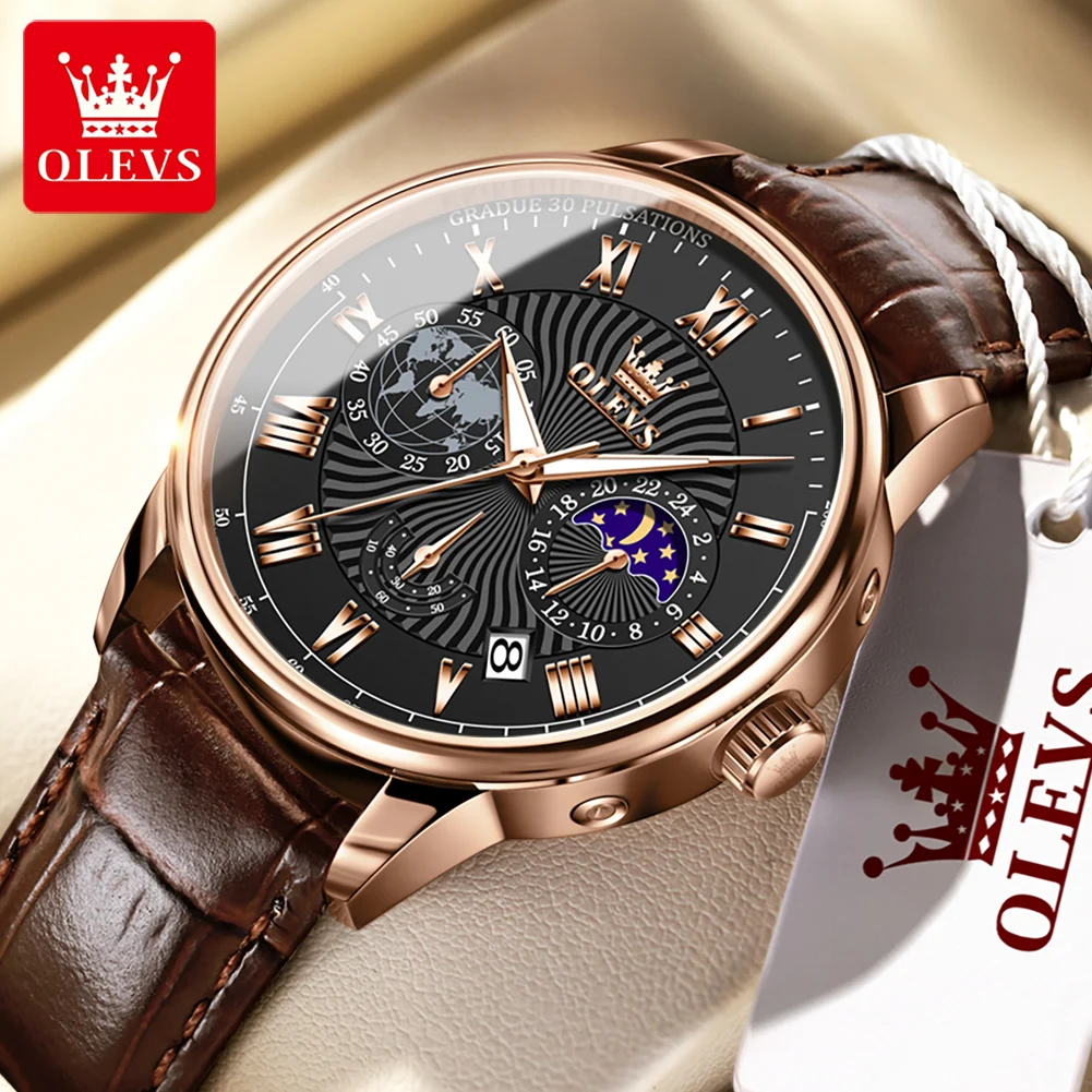 

OLEVS Fashion Quartz Watch for Men Chronograph Moon Phase Casual Wristwatch Waterproof Leather Strap Luminous Men's Watch Reloj