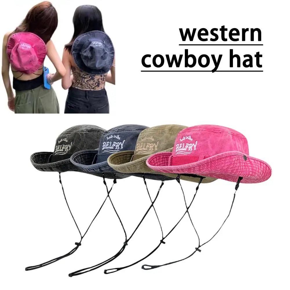 Western Spice Girl Cappello Da Cowboy Donna Retro Washed Old Camping Cappello Da Pescatore Protezione Solare Outdoor Bucket Shade Cap Mountaineeri D9F