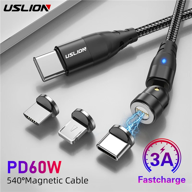 USLION 고속 충전 마그네틱 케이블, PD 고속 충전, C타입 to C타입 케이블, 샤오미 미 13Pro, 맥북용 데이터 충전기 와이어, 60W