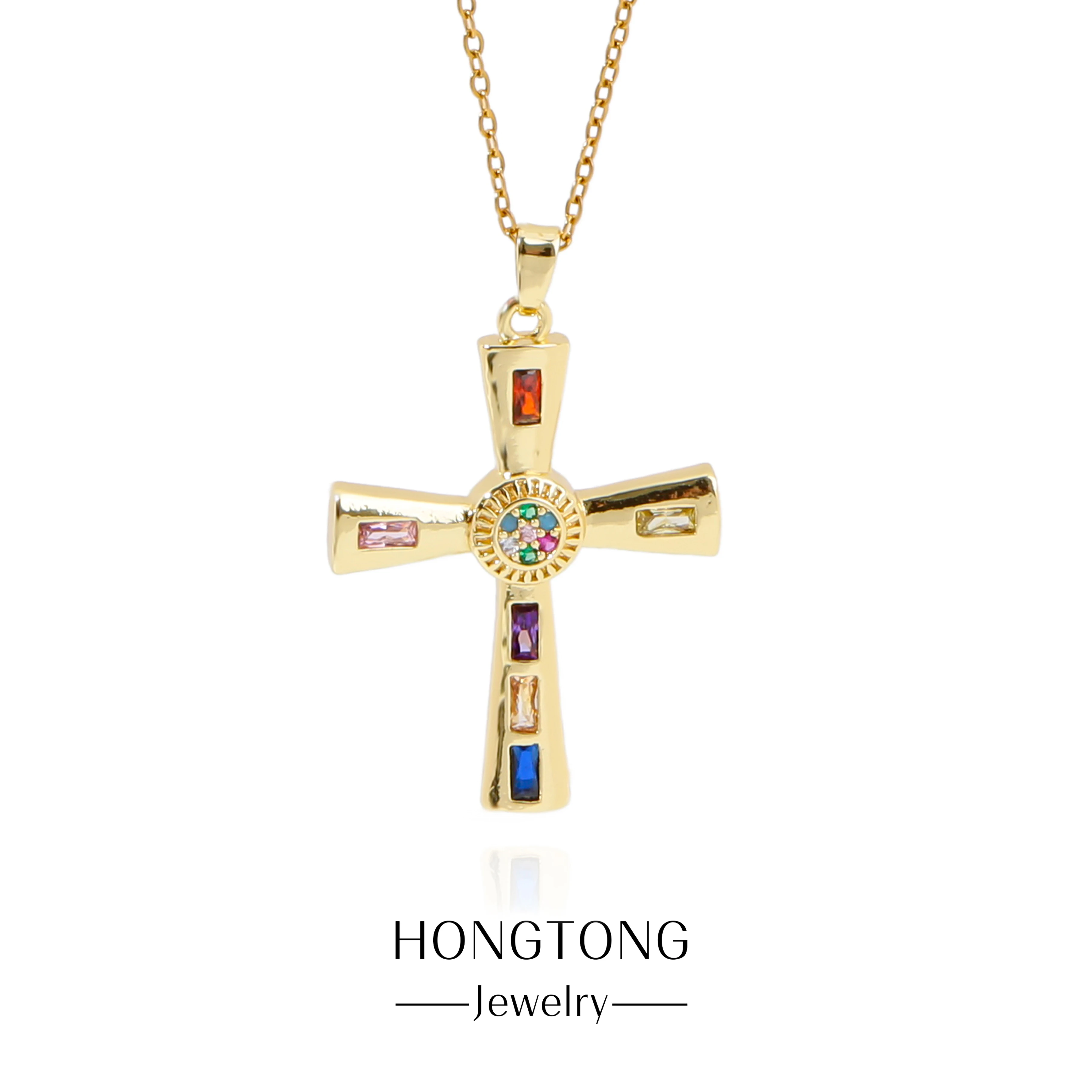 

HONGTONG Simple Design Sense Geometric Colorful Rhinestone Cross Pendant Necklace Stainless Women's Boutique Christian Amulet