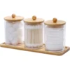 10Oz Cotton Swab/Ball/Pad Holder Vanity Tray Qtip Apothecary Jar Clear Bathroom Container Dispenser for Storage 3 Pack Wood Lids 1
