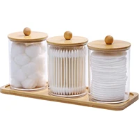 10Oz Cotton Swab/Ball/Pad Holder Vanity Tray Qtip Apothecary Jar Clear Bathroom Container Dispenser for Storage 3 Pack Wood Lids 1
