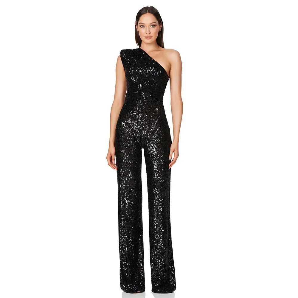 Women Sexy Elegant V Neck Sequined One Shoulder Long Sleeve High Waist Long Wide Leg Pants Jumpsuits Rompers