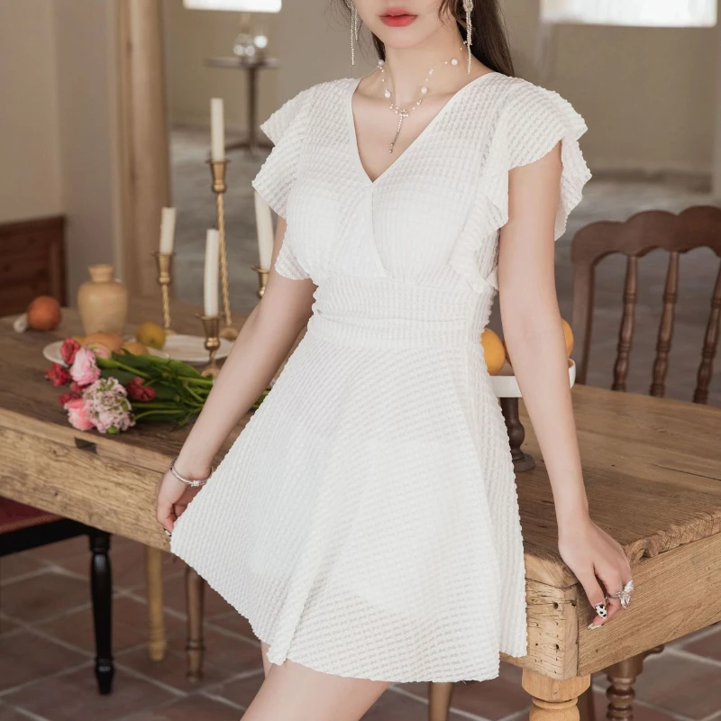Summer Swimsuit for Women Sexy Solid Color Conservative Slimming Belly-covering One-piece Skirt Swimsuit Bathing Suit